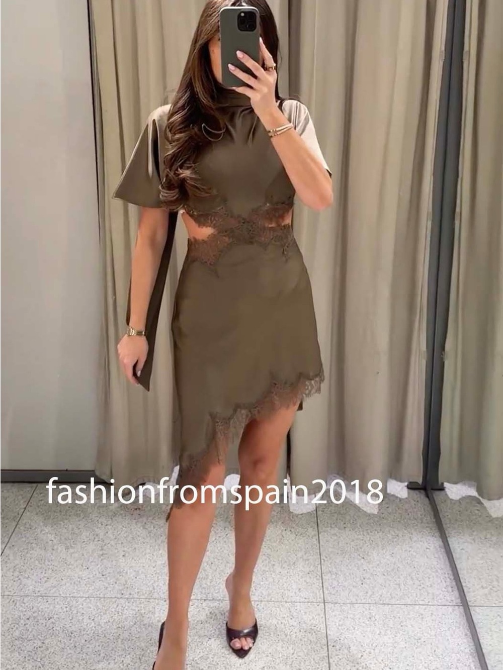 Olive Green Lace-Trim Cutout Dress - Women